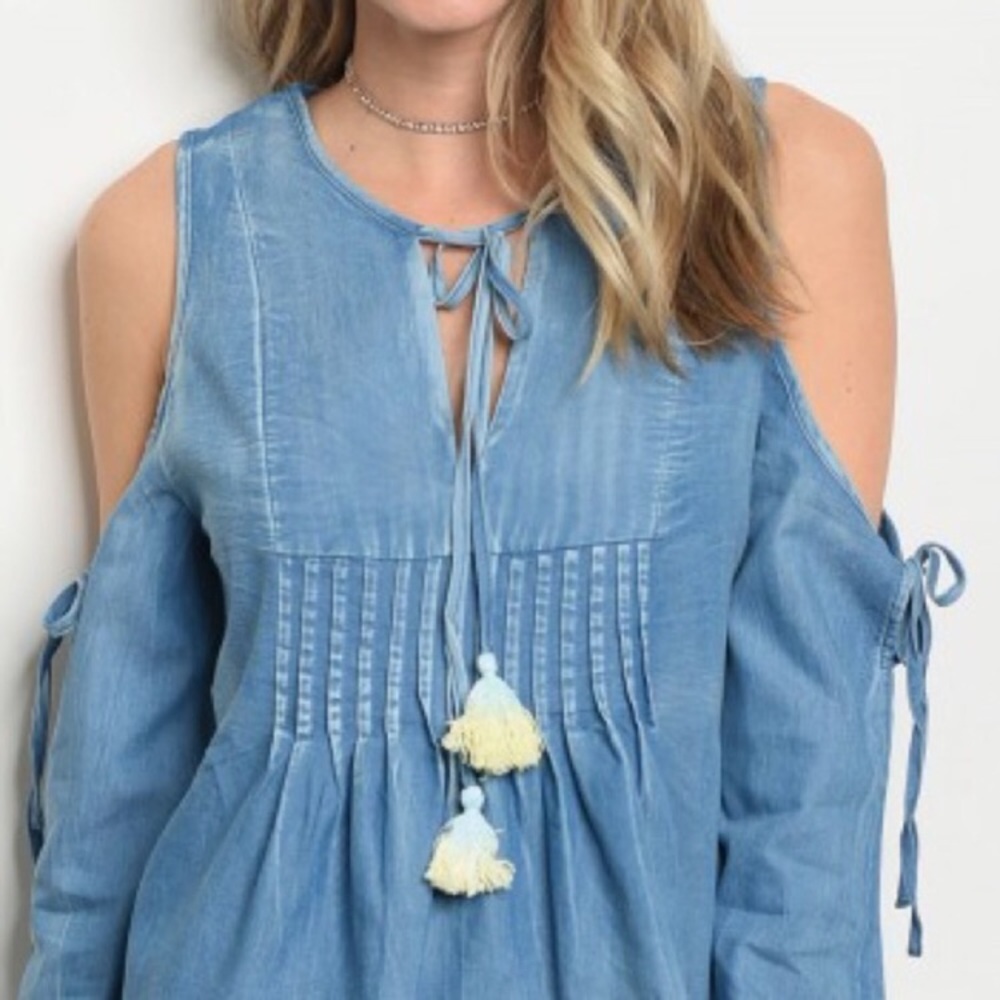 Cold Shoulder Denim Tassel Top - Picture 6 of 8